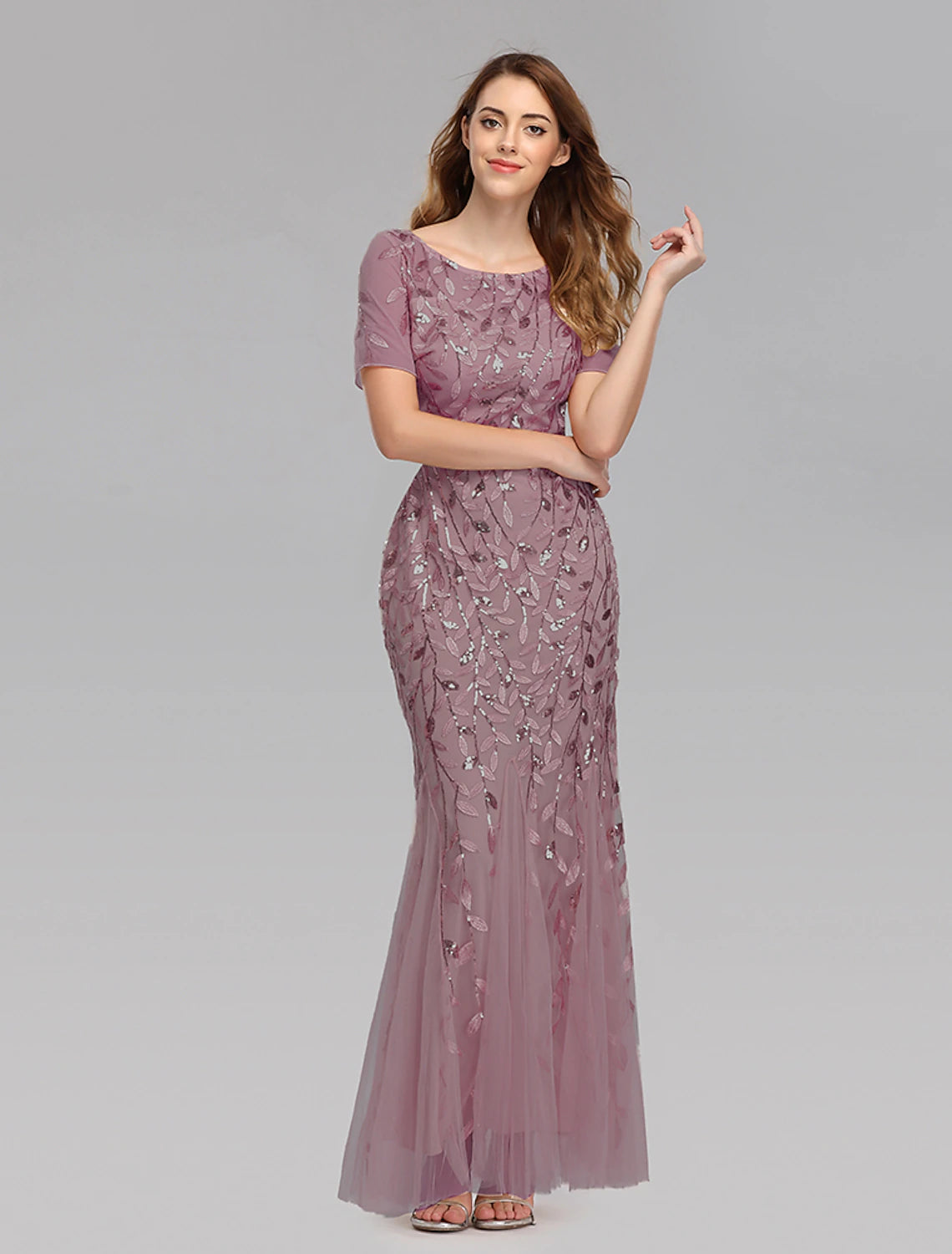 Mermaid Evening Dress Ball and Floor Length Short sleeved Jewelry Collar Autumn Wedding Guests Embroidered Thin Gauze