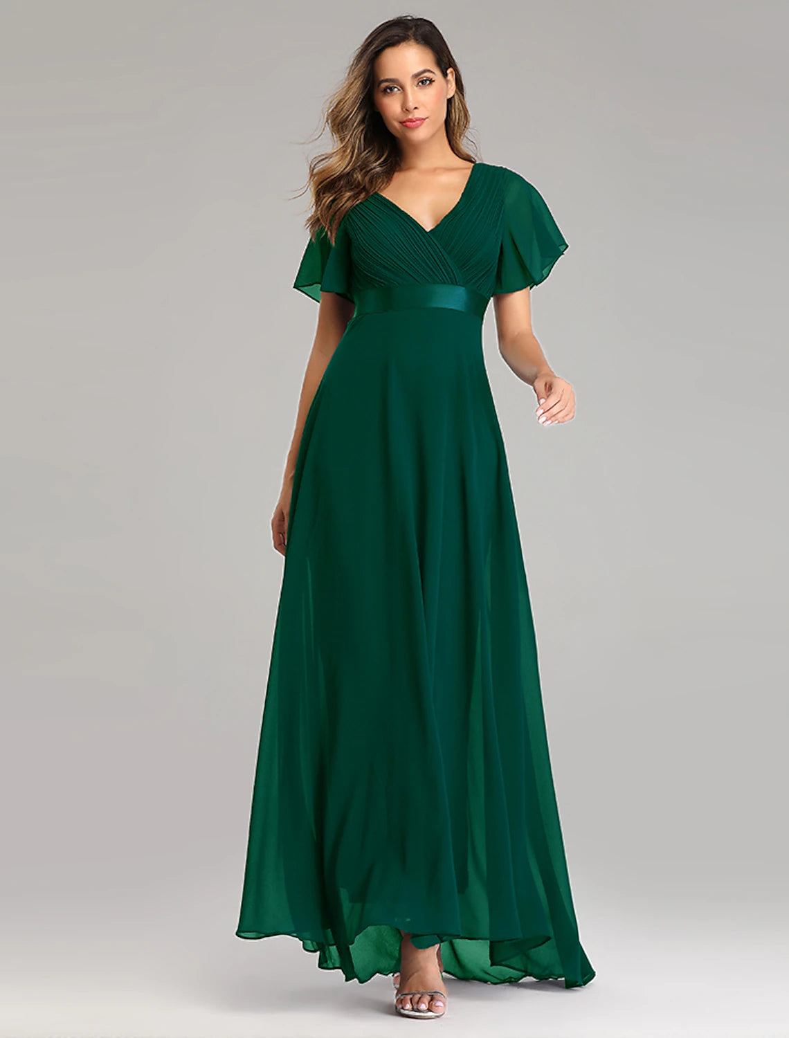 A-line Party Evening Dress Wedding Guest Long Short Sleeve V-Neck Bridesmaid Dress Chiffon V-Strap Ruffle Edge
