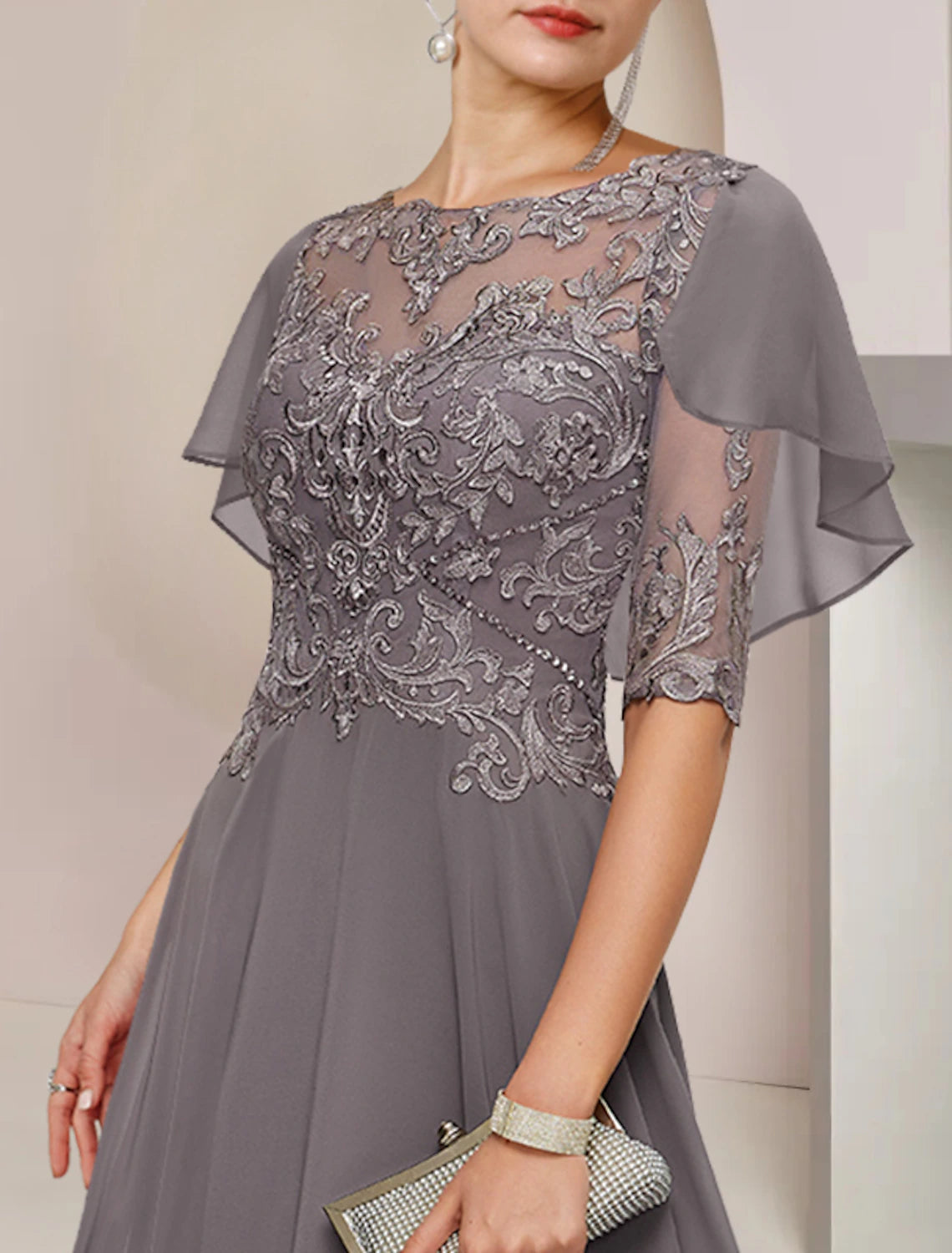 A-shaped Bride Mom Dress Fashion Trend Wedding Guests Elegant Spoon Neck Asymmetric Tea Length Chiffon Lace Half Cuff Beaded Applique