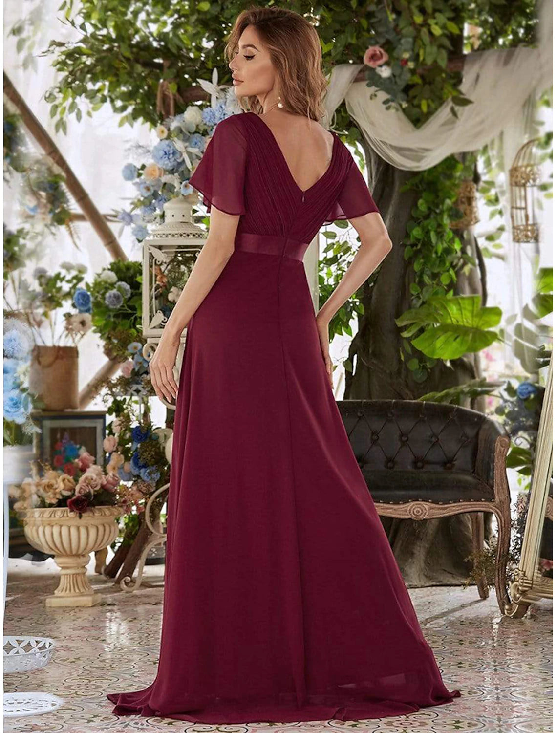 A-line Party Evening Dress Wedding Guest Long Short Sleeve V-Neck Bridesmaid Dress Chiffon V-Strap Ruffle Edge