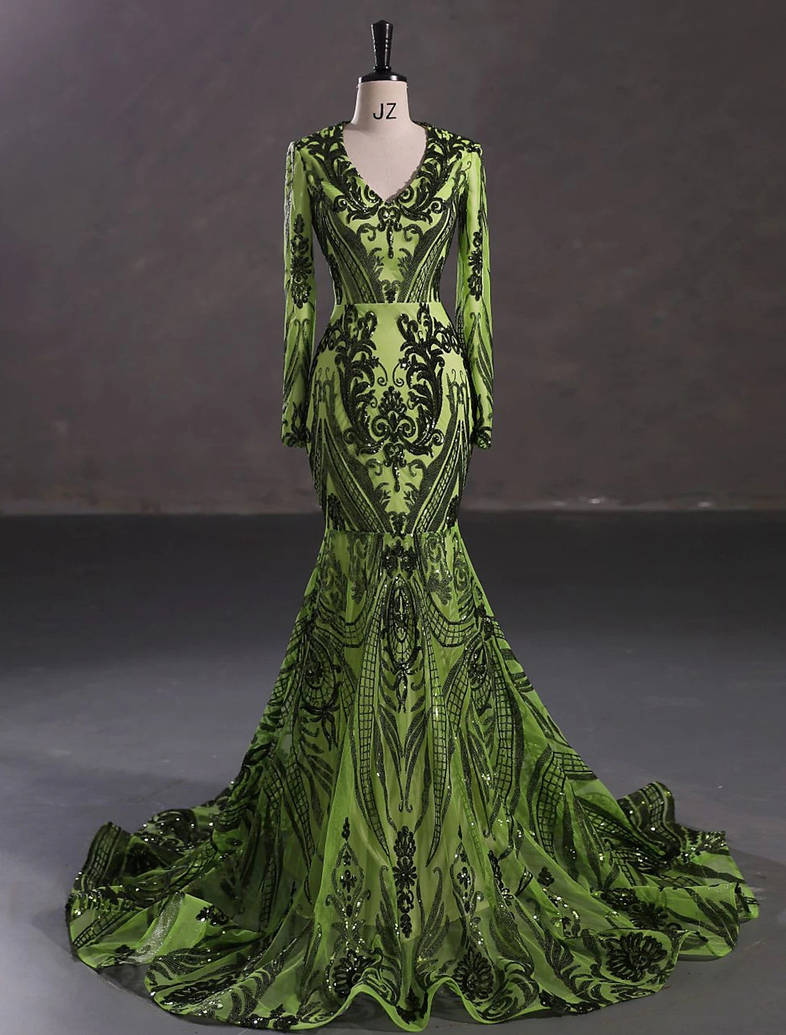 Mermaid Loudspeaker Elegant Evening Dress Carnival Long sleeved V-neck African American Lace with Sequins