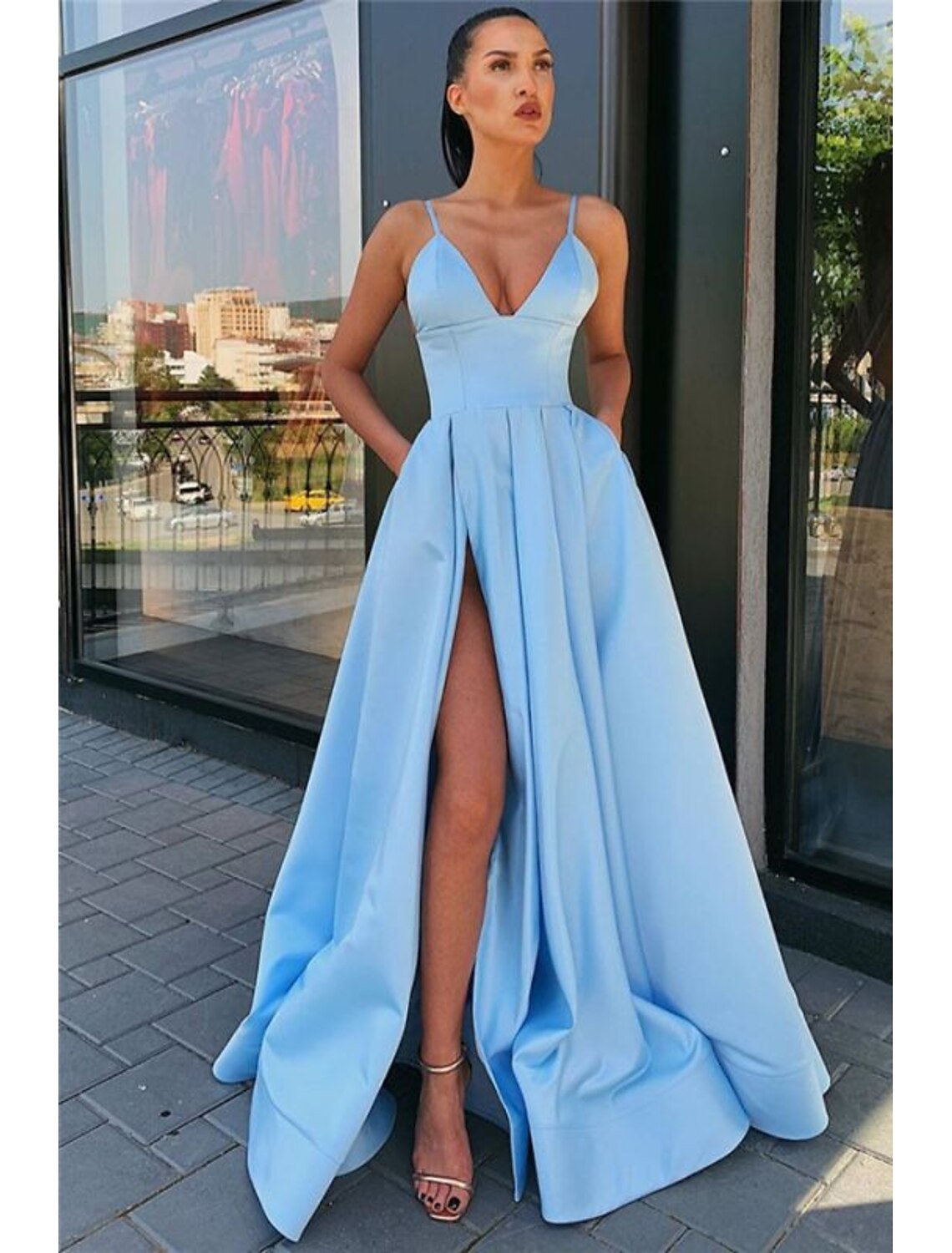 A-shaped black dress ball dress high slit evening dress day and summer dress thin shoulder strap sleeveless sweeping/brush trailing satin pleats