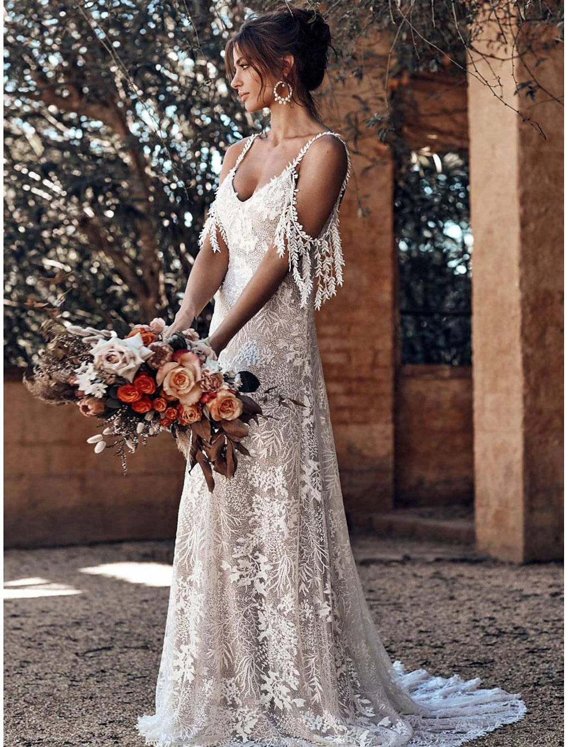Wedding Ball Dress Off Shoulder V-Neck Shoulder Strap Train Satin Bridal Dress with pleats