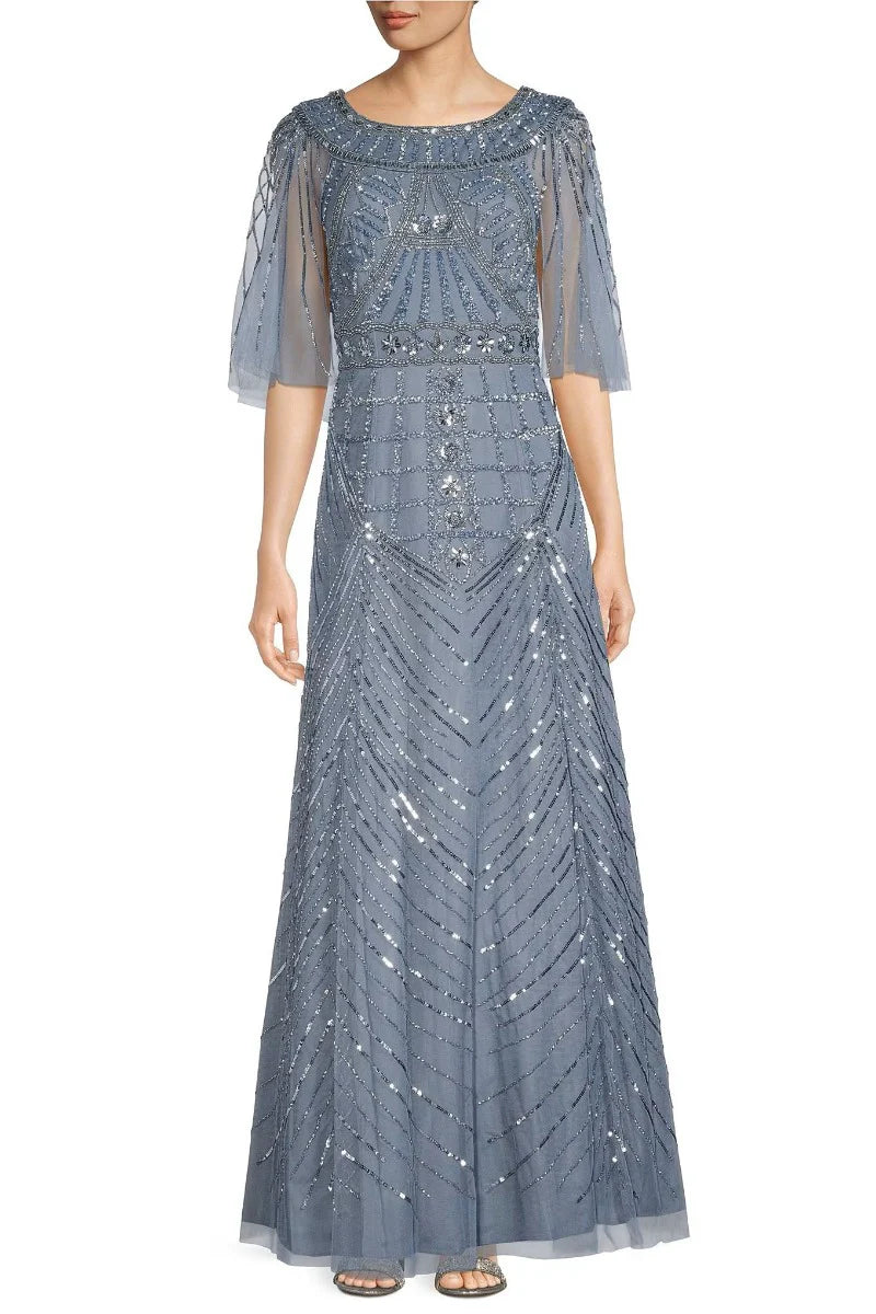 Boat Neck Short Sleeve Embellished Zipper Back Mother of the Bride Dresses