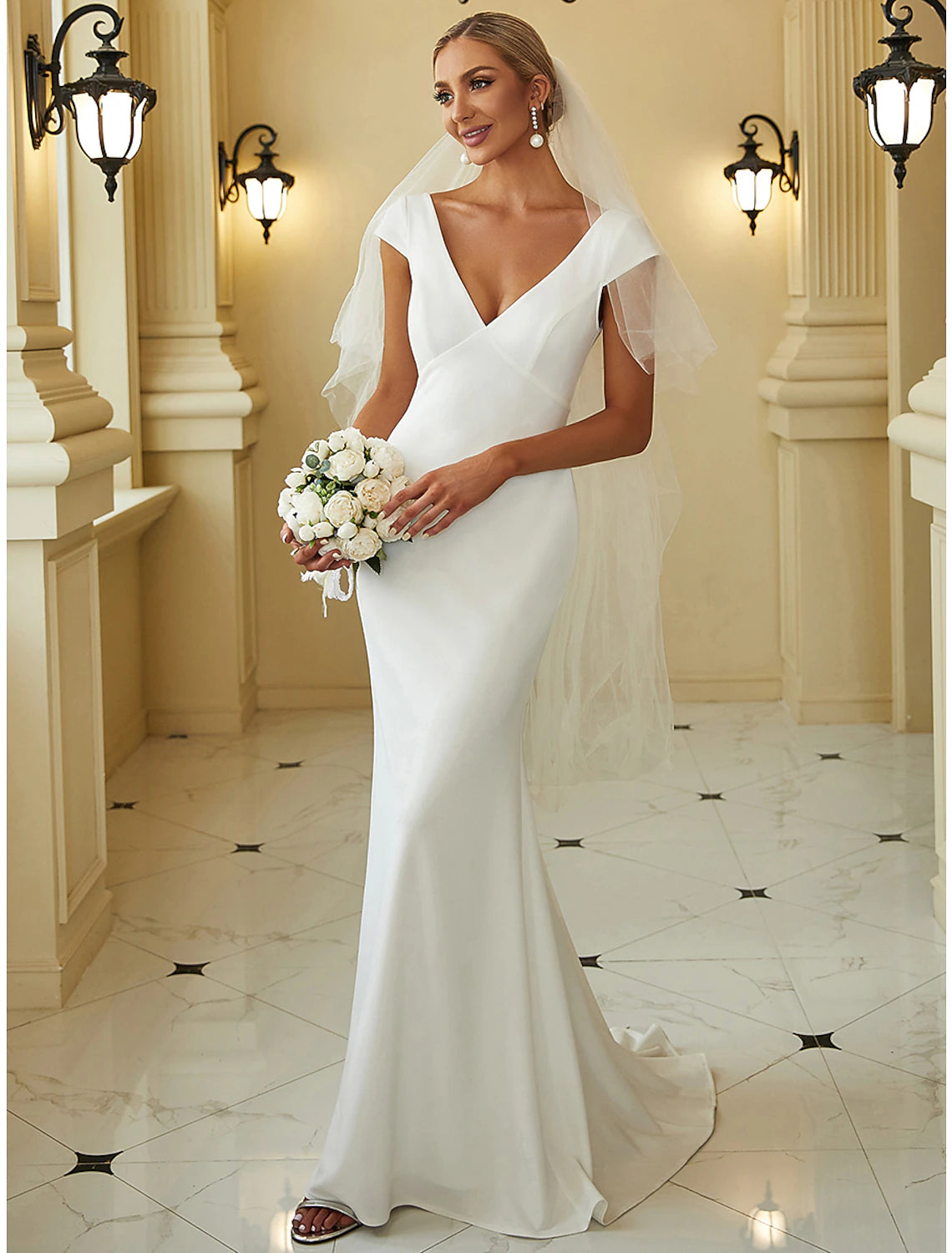 Minimalist Wedding Dress Fishtail/Small V-neck Cap Sleeves Sweeping Elastic Fabric Bridal Dress Hanging Solid Color