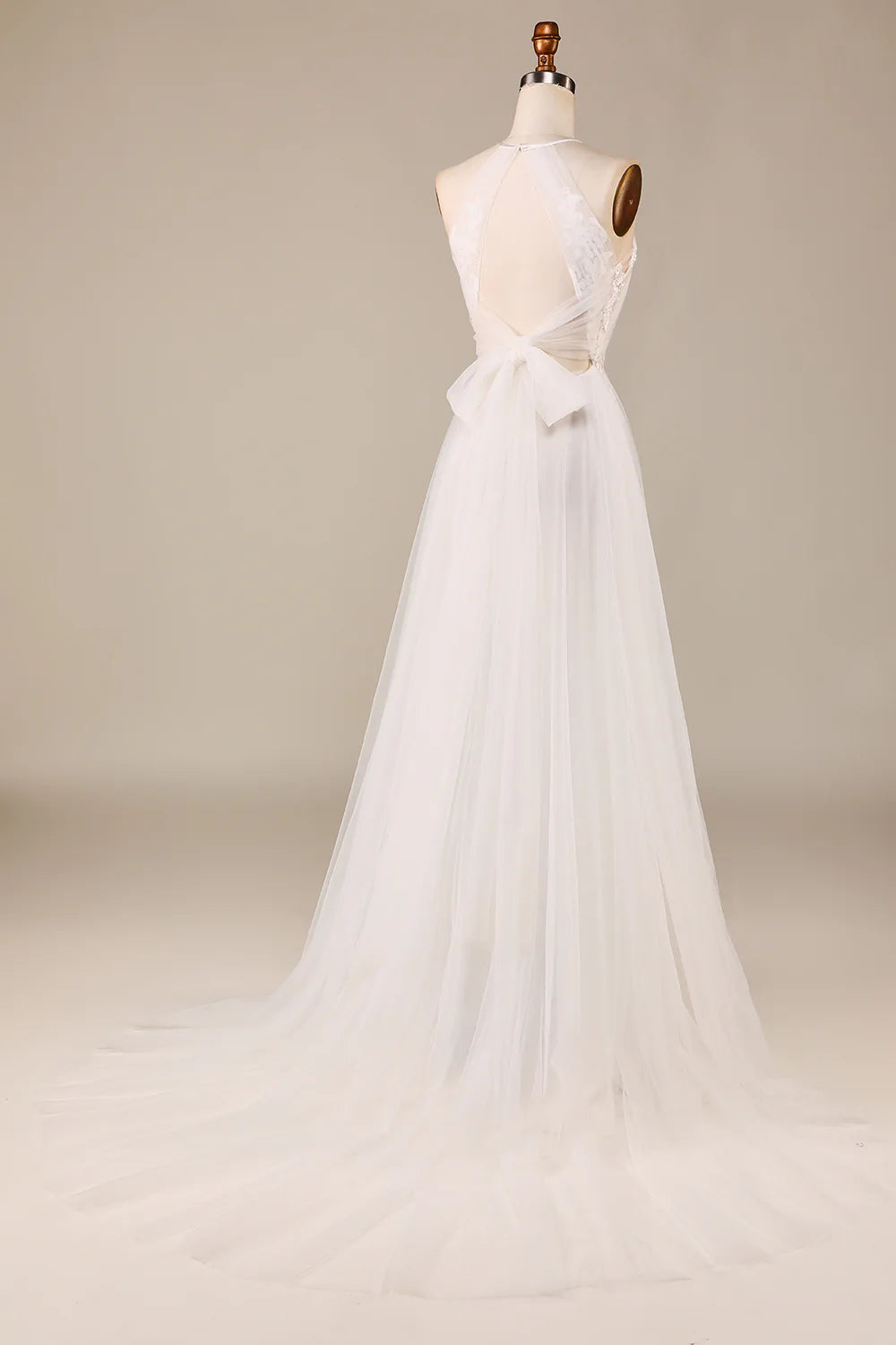 A Line Halter Neck Ivory Open Back Tulle Sweep Train Wedding Dress with Lace