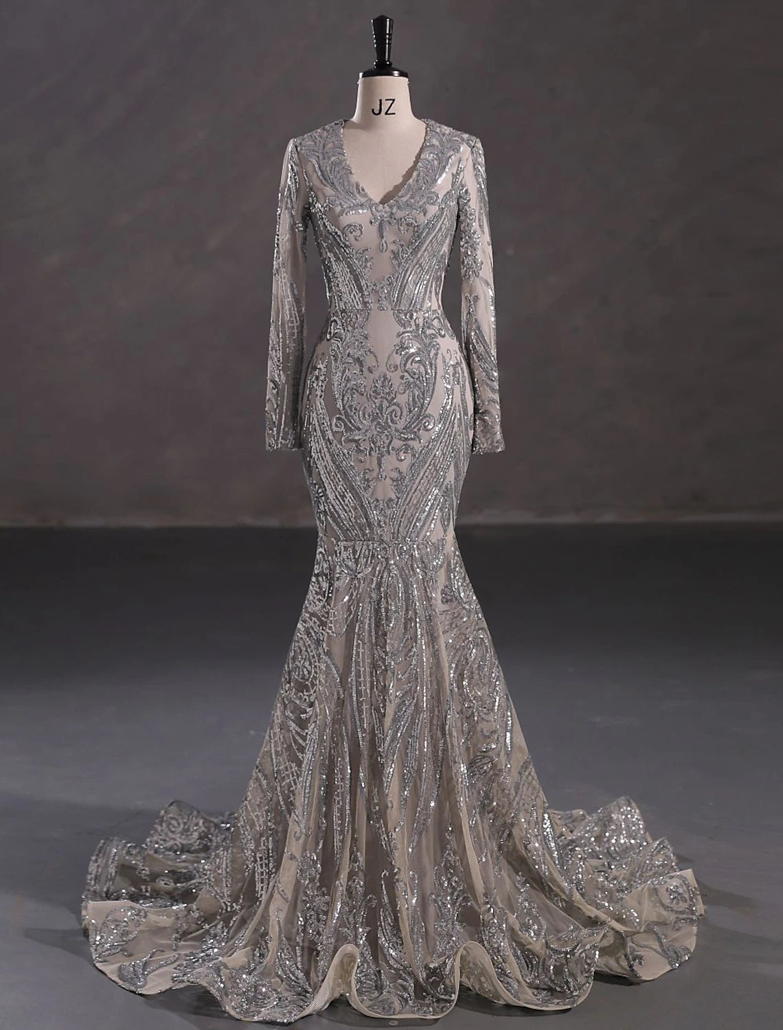 Mermaid Loudspeaker Elegant Evening Dress Carnival Long sleeved V-neck African American Lace with Sequins