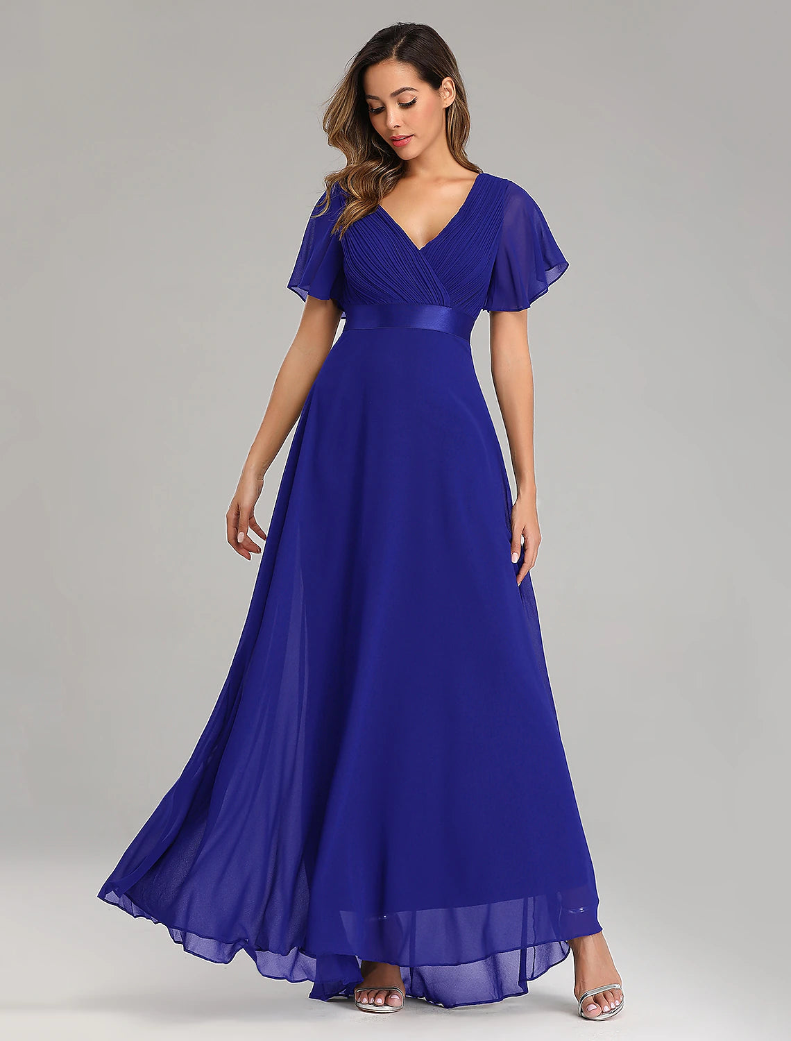 A-shaped ball dress autumn wedding guest dress bridesmaid floor to ceiling long and short sleeved V-neck chiffon V-back strap pleated ruffle edge