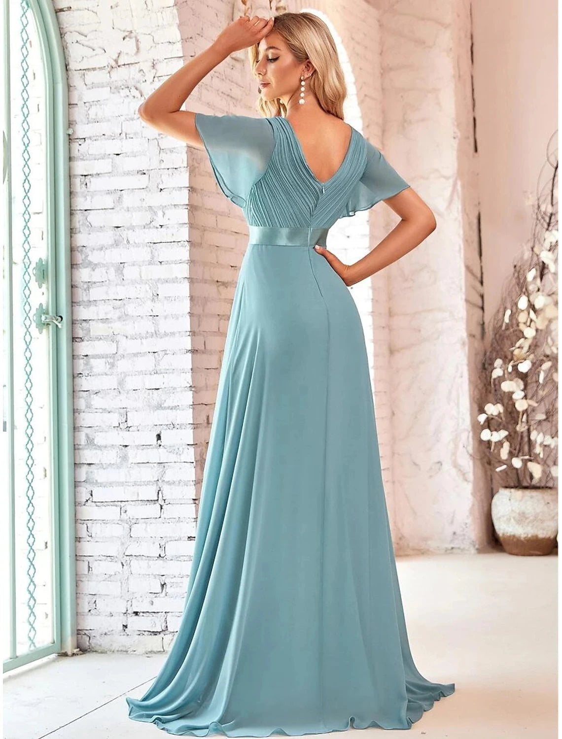 A-line Party Evening Dress Wedding Guest Long Short Sleeve V-Neck Bridesmaid Dress Chiffon V-Strap Ruffle Edge