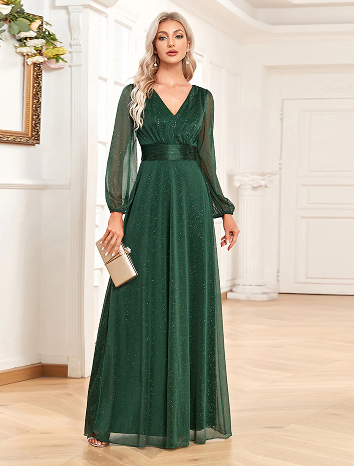 A-shaped Evening Dress Sparkling Elegant Dress Formal Wedding Party Dress and Floor Long Sleeve V-Neck Chiffon with Sequins