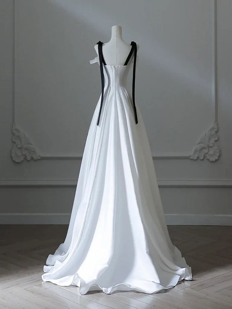 A-Line Satin White Long Evening Dress White Long Formal Dress