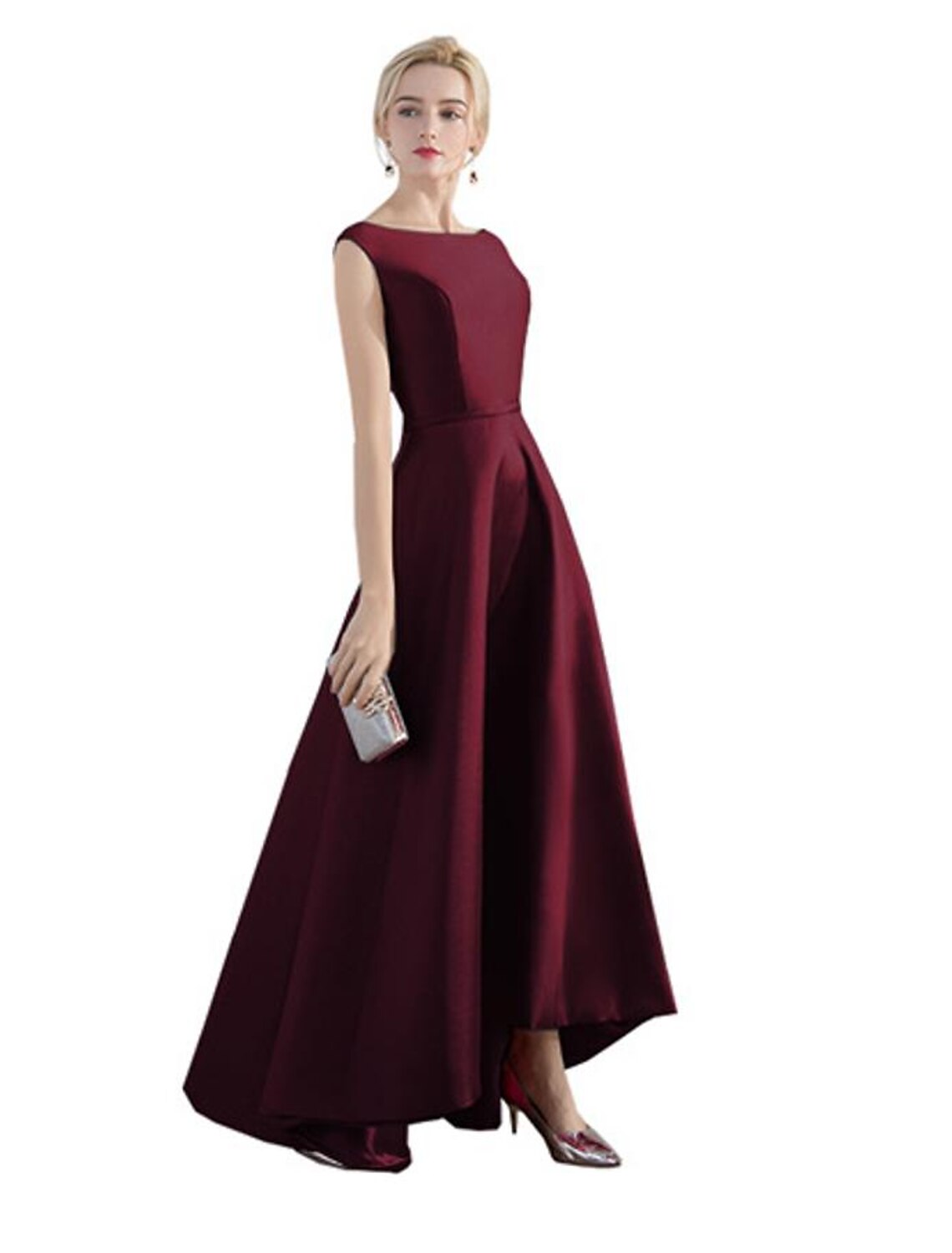 A-line Evening Dress Wedding Guest Party Asymmetric Sleeveless Jewel Neck Satin Fashion