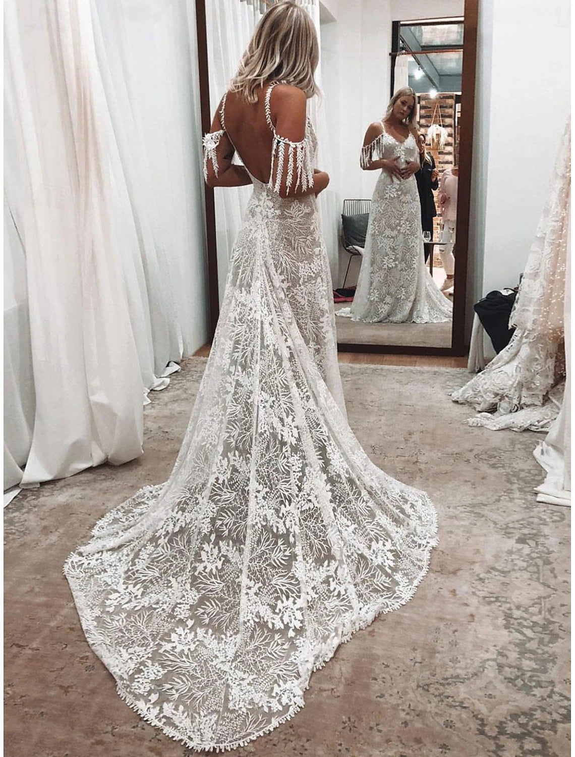 Wedding Ball Dress Off Shoulder V-Neck Shoulder Strap Train Satin Bridal Dress with pleats