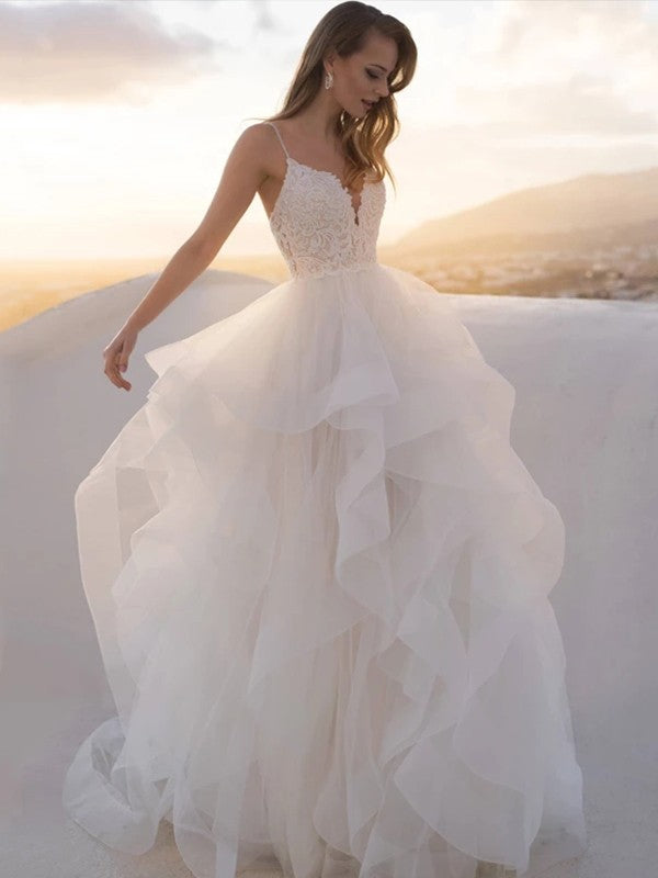 A-line Princess sheer lace sexy V-neck sleeveless strapless wedding dress