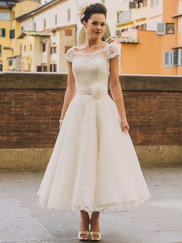 A-line Princess Tulle Lace Hollow Short Sleeve Tea Long Wedding Dress