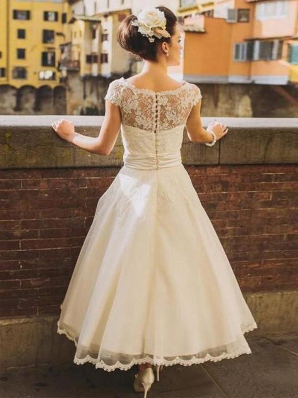 A-line Princess Tulle Lace Hollow Short Sleeve Tea Long Wedding Dress