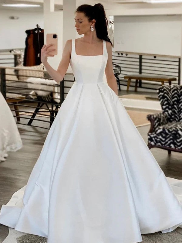A-line Princess satin pleated square sleeveless large hem wedding dress