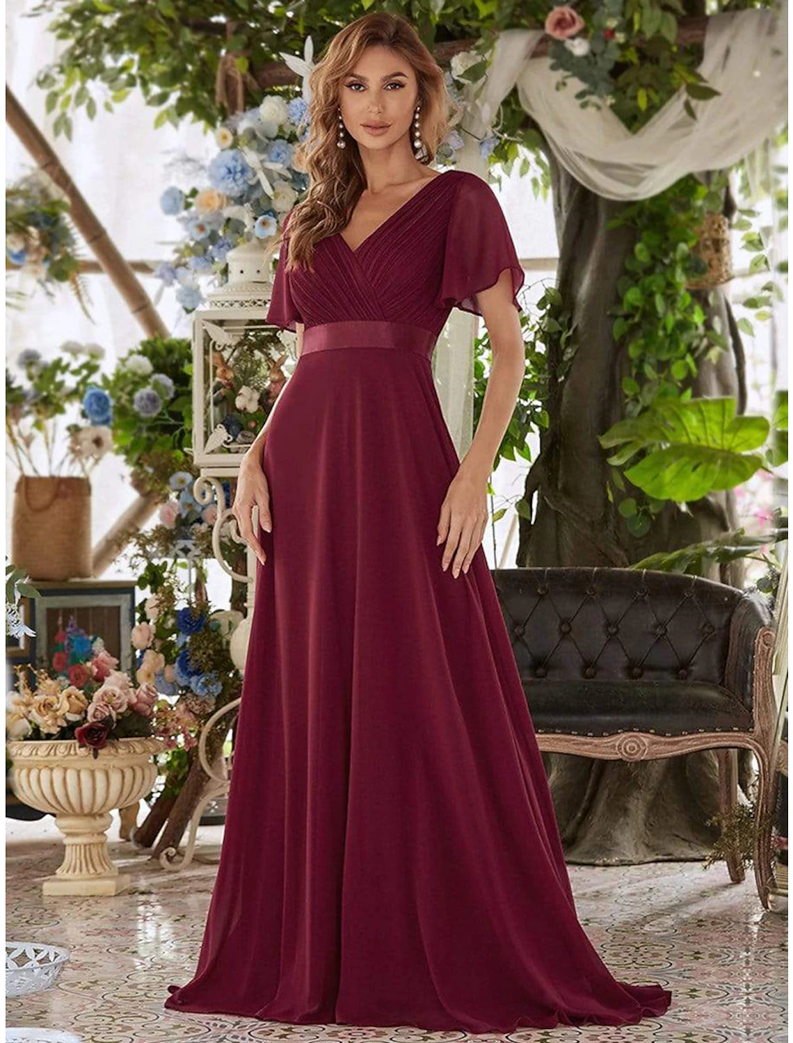 A-line Party Evening Dress Wedding Guest Long Short Sleeve V-Neck Bridesmaid Dress Chiffon V-Strap Ruffle Edge