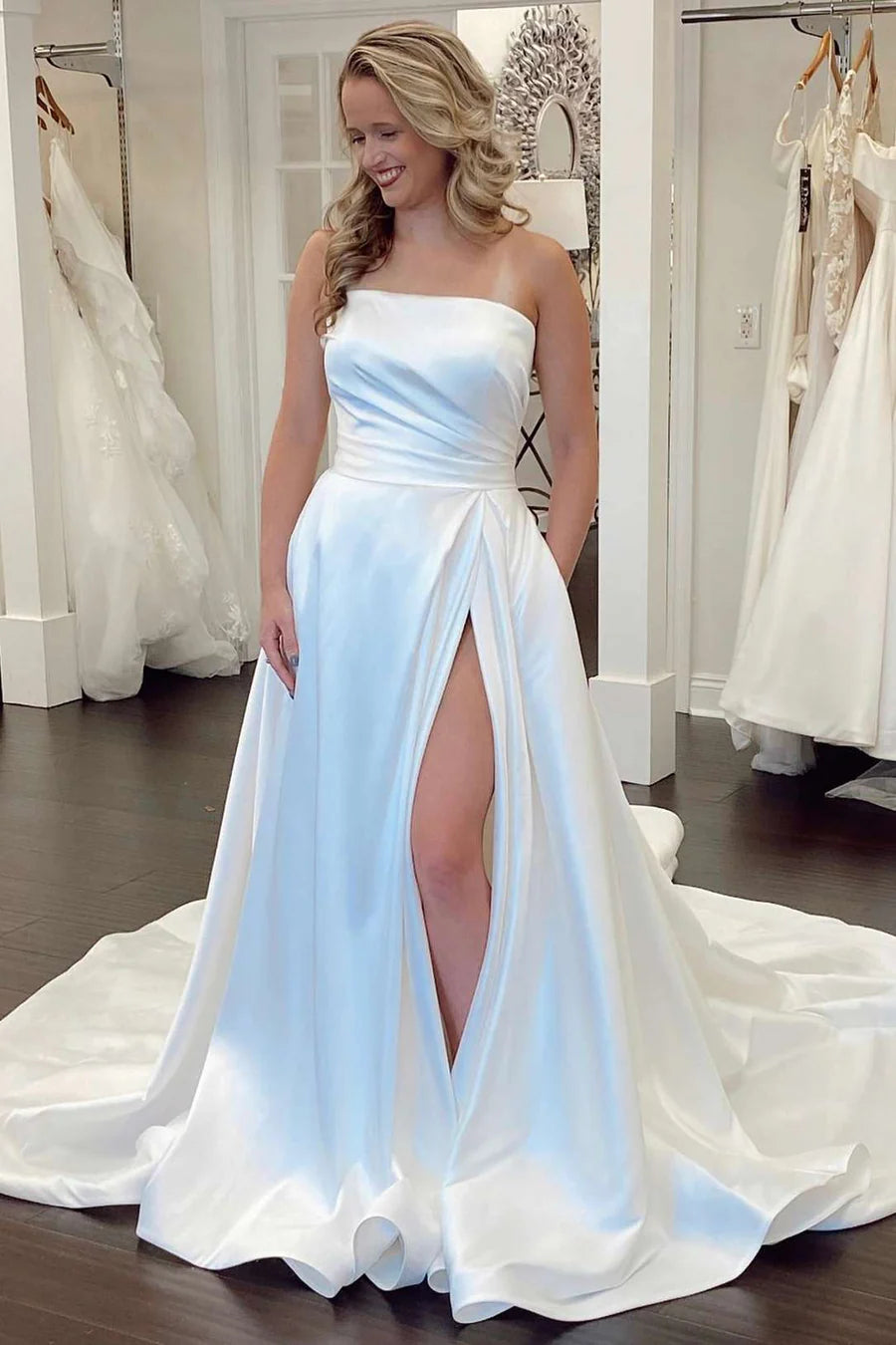Satin Strapless A-Line Bridal Gown with Slit