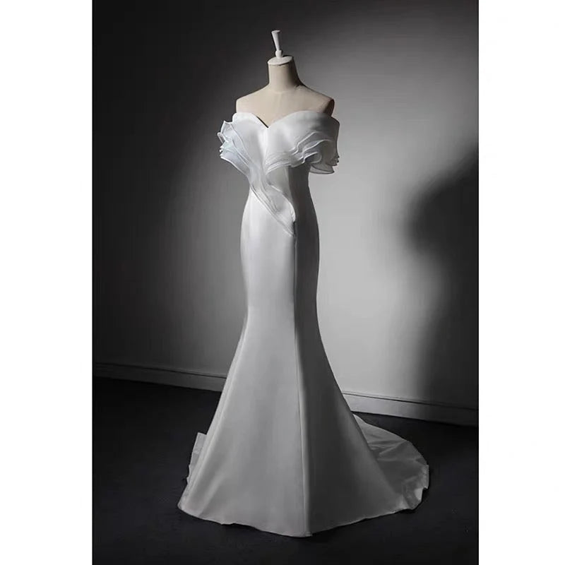 White Off-shoulder Satin Mermaid Boho Wedding Dress White Formal Evening Dresses