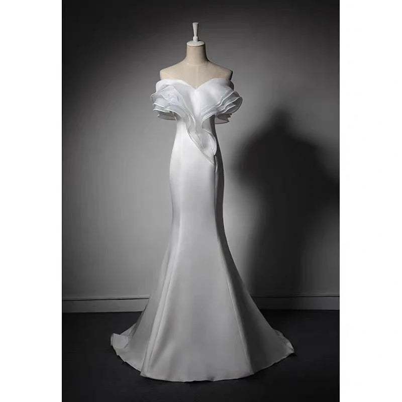 White Off-shoulder Satin Mermaid Boho Wedding Dress White Formal Evening Dresses