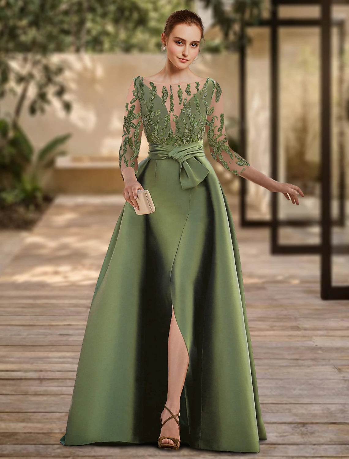 A-line backless evening dress formal wedding guests floor length 3/4 long sleeved low round neckline lace with slit and tie up