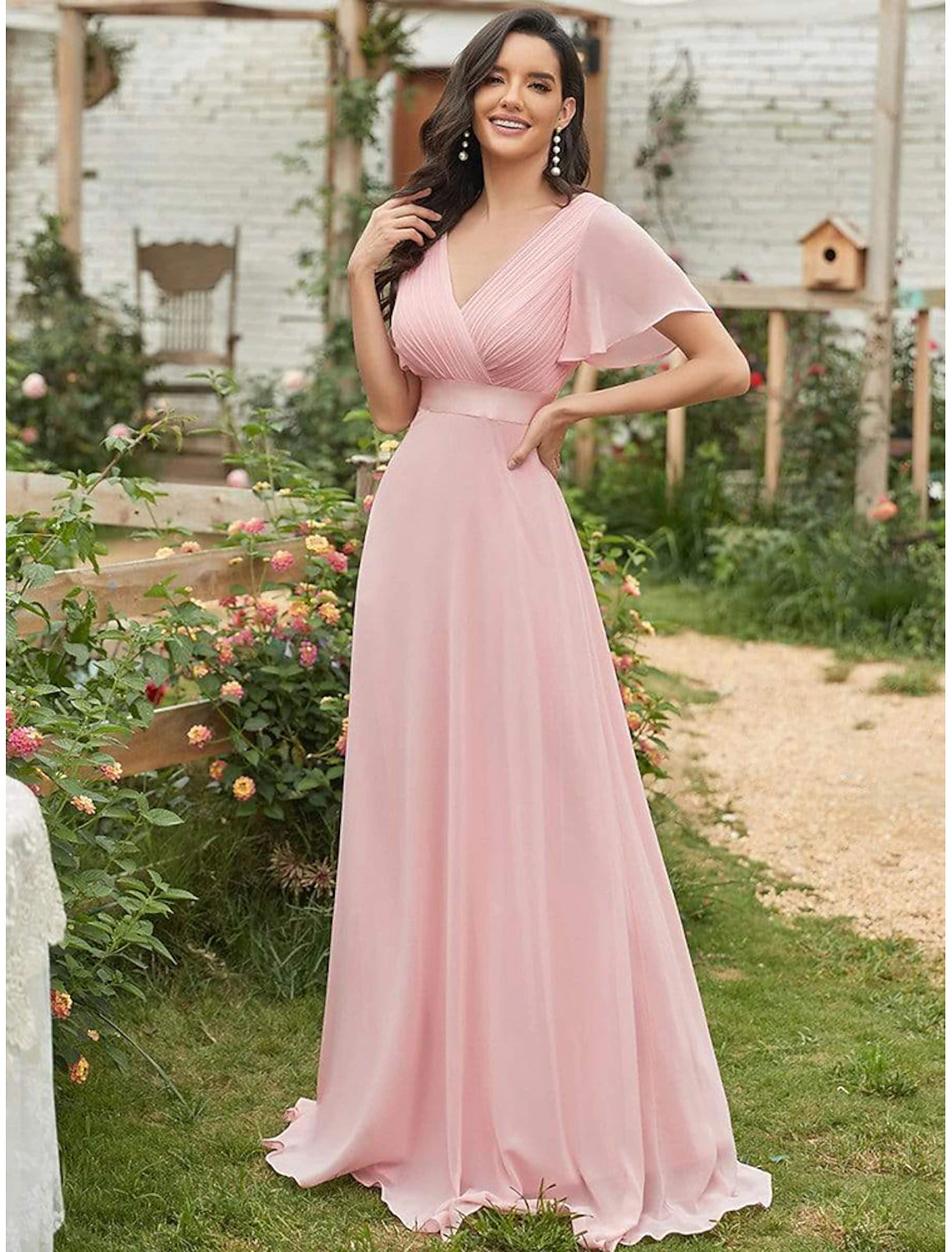 A-line Party Evening Dress Wedding Guest Long Short Sleeve V-Neck Bridesmaid Dress Chiffon V-Strap Ruffle Edge