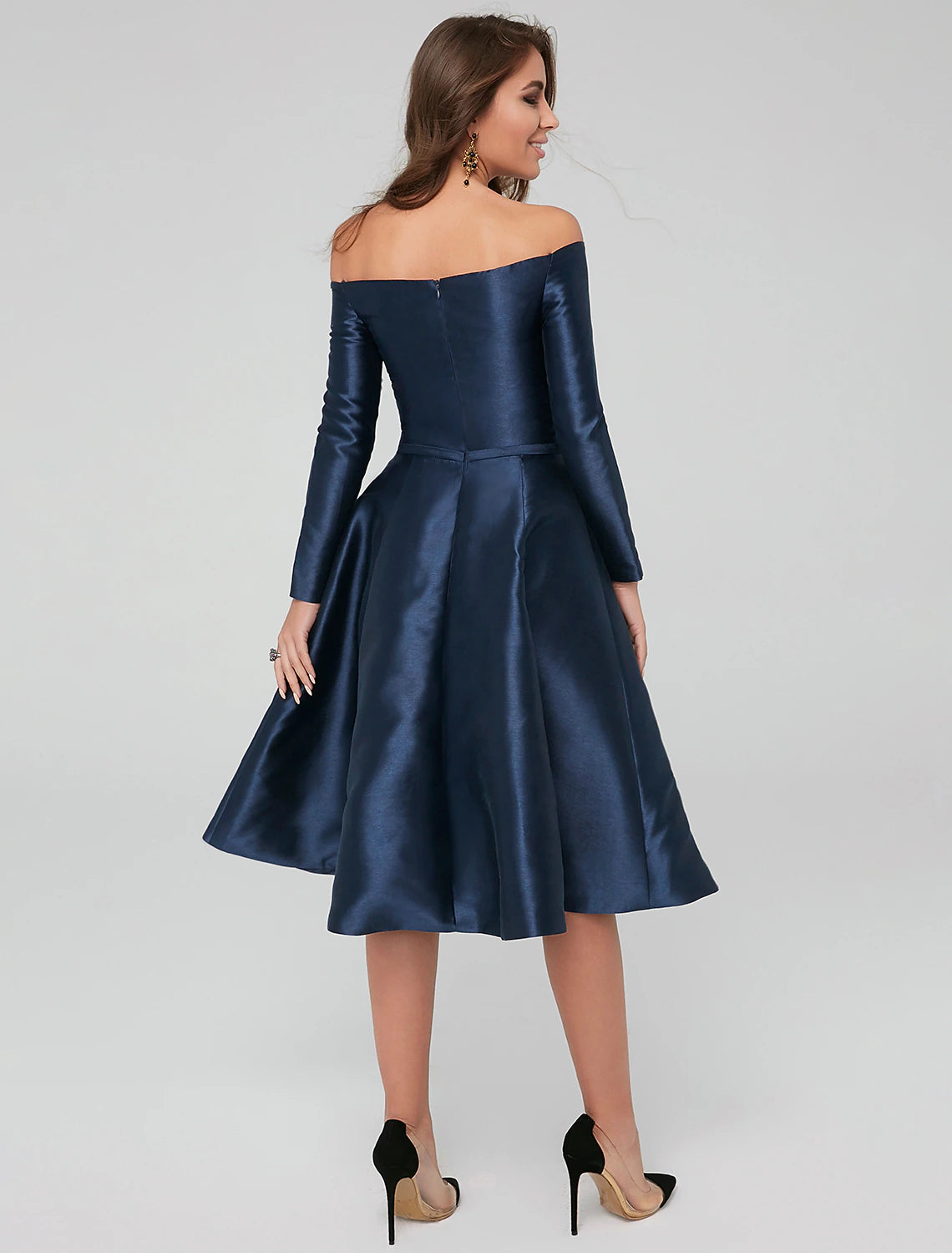 A-line elegant dress wedding guests cocktail party knee length long sleeved off shoulder satin pleats