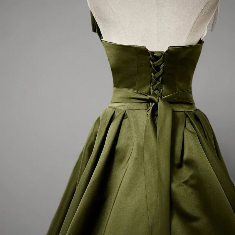 Olive Green Evening Dress with Waist Tie Satin Strapless Wedding Dress
