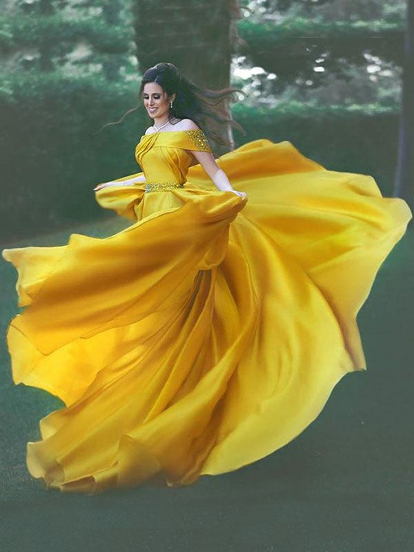 A-line Princess Sexy Off the Shoulder Sleeveless Swept Shoulder Beaded Satin Chiffon Dress