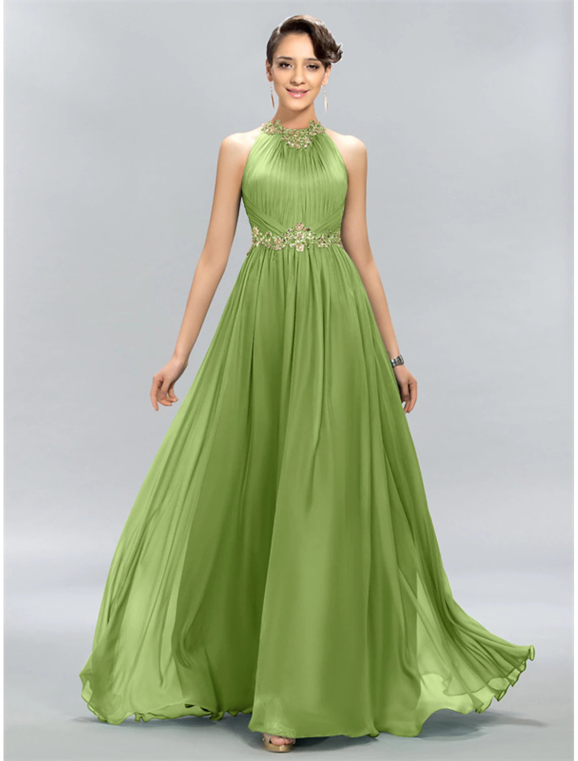 A-shaped wedding guest dress elegant and generous party attire wedding party and floor length sleeveless neck hanging chiffon pleated decorative stickers
