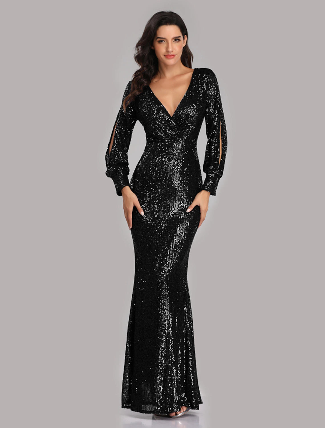 Mermaid Loudspeaker Evening Dress Sparkling Dress Party Dress Wedding Guests Landing Long Sleeve V-Neck Sequins