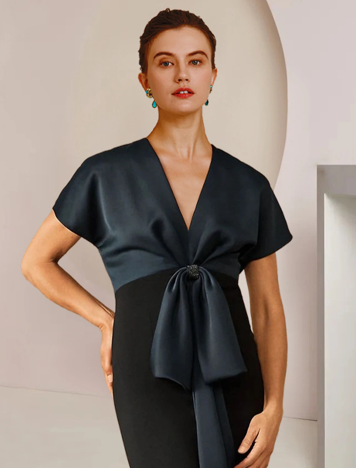 Protective Column Bride Mother Dress Formal Wedding Guests Elegant and Elegant Gemstone Neck to Floor Length Satin Short Sleeves with Bow Color Blocks
