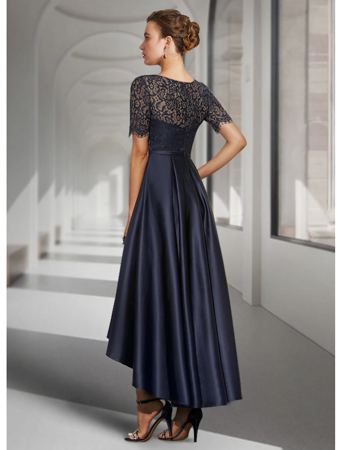 Bride Mom Dress Wedding Guests High and Low Spoon Neckline Asymmetric Tea Long Satin Lace Short Sleeves with Folds
