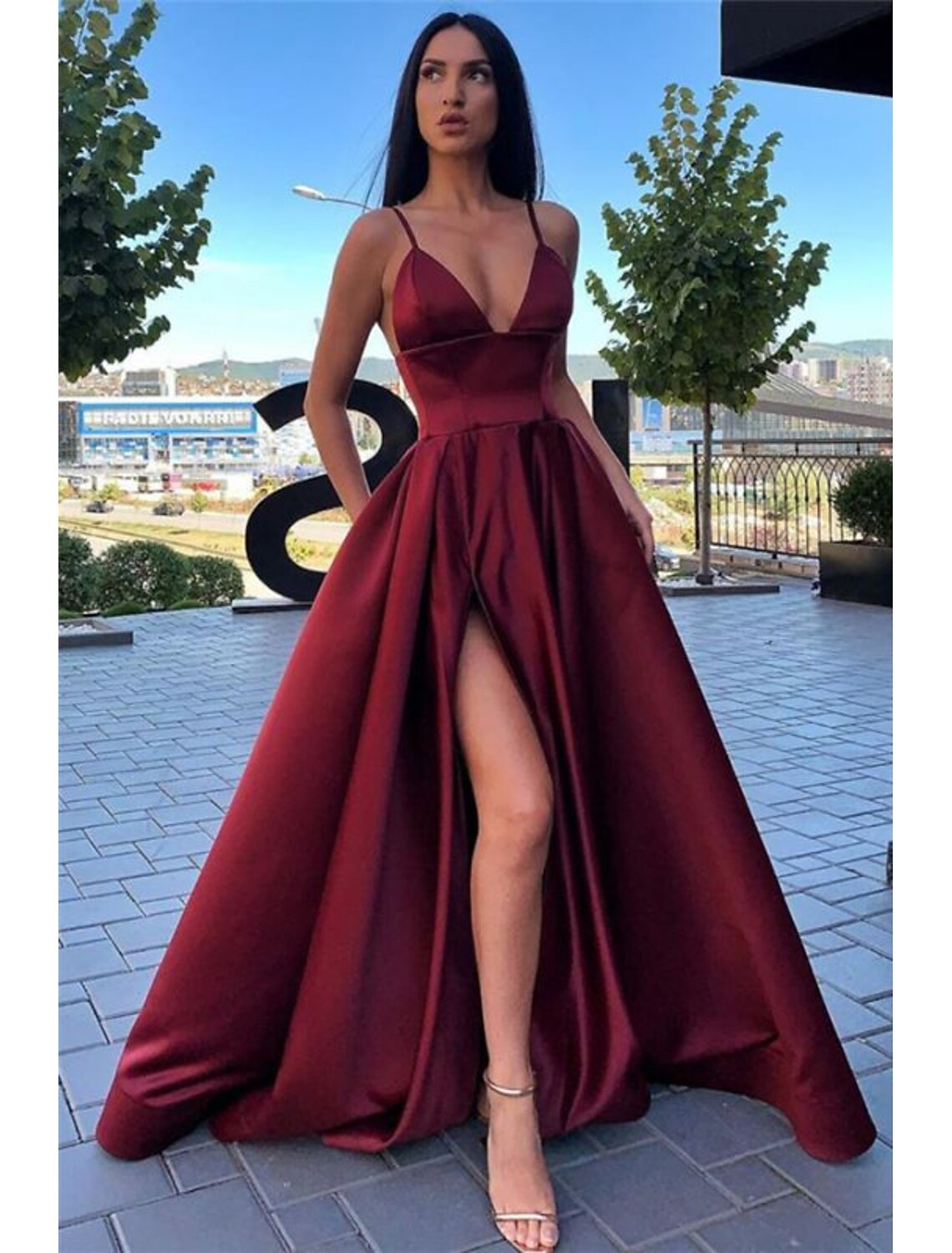 A-shaped black dress ball dress high slit evening dress day and summer dress thin shoulder strap sleeveless sweeping/brush trailing satin pleats