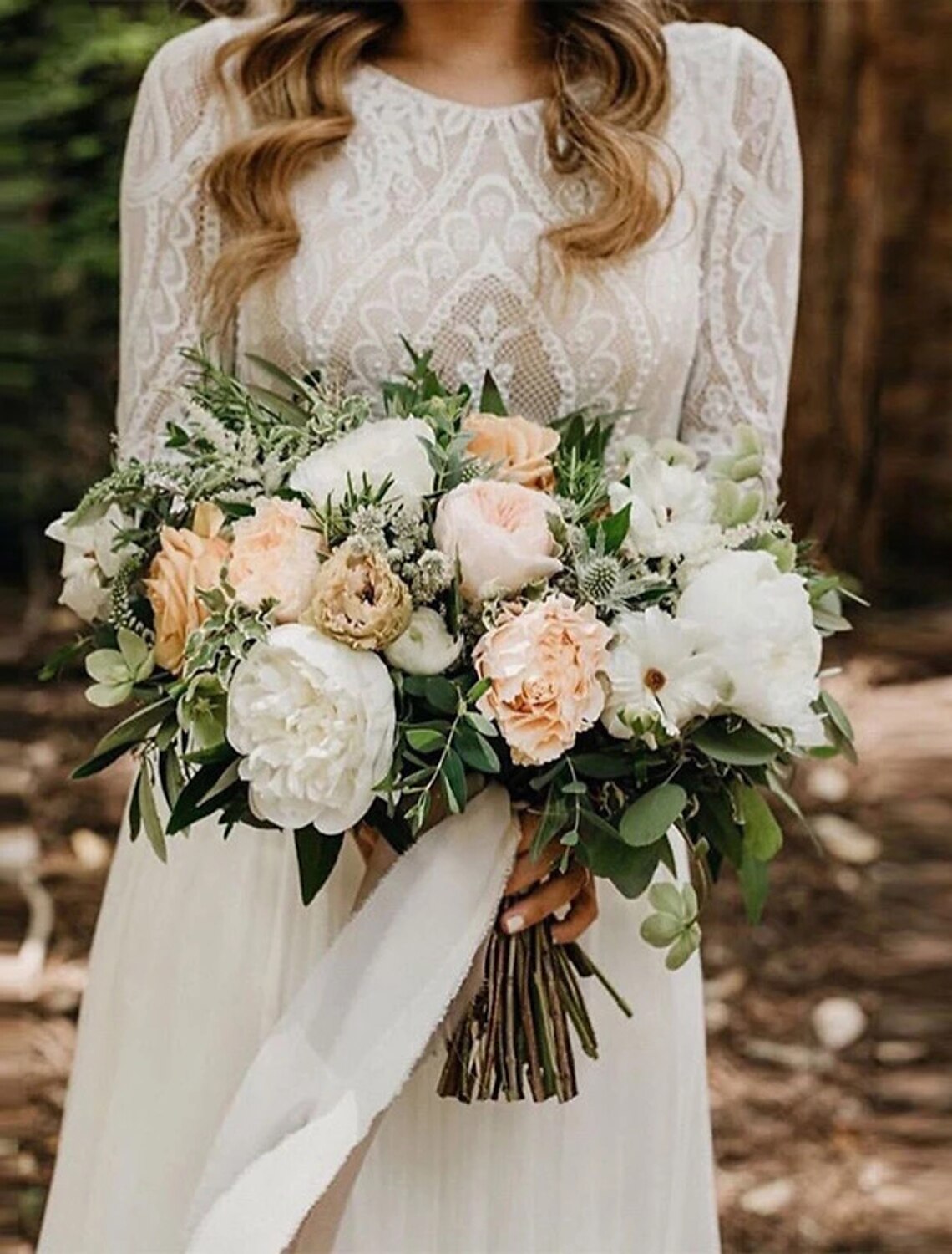 Beach backless bohemian style wedding dress A-line low round neck long sleeved brush lace bridal dress with pleats