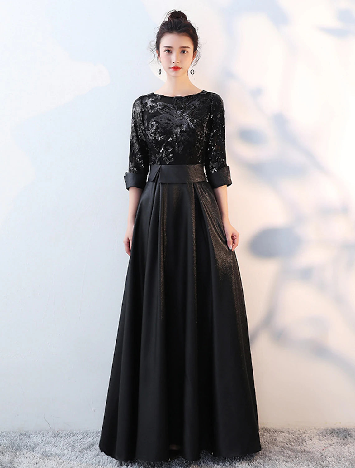 A-shaped Elegant Bridesmaid Dress with Jewel Neck Long Sleeves Beautiful Back Floor to Floor Length Satin sheer sequin ribbons pleats