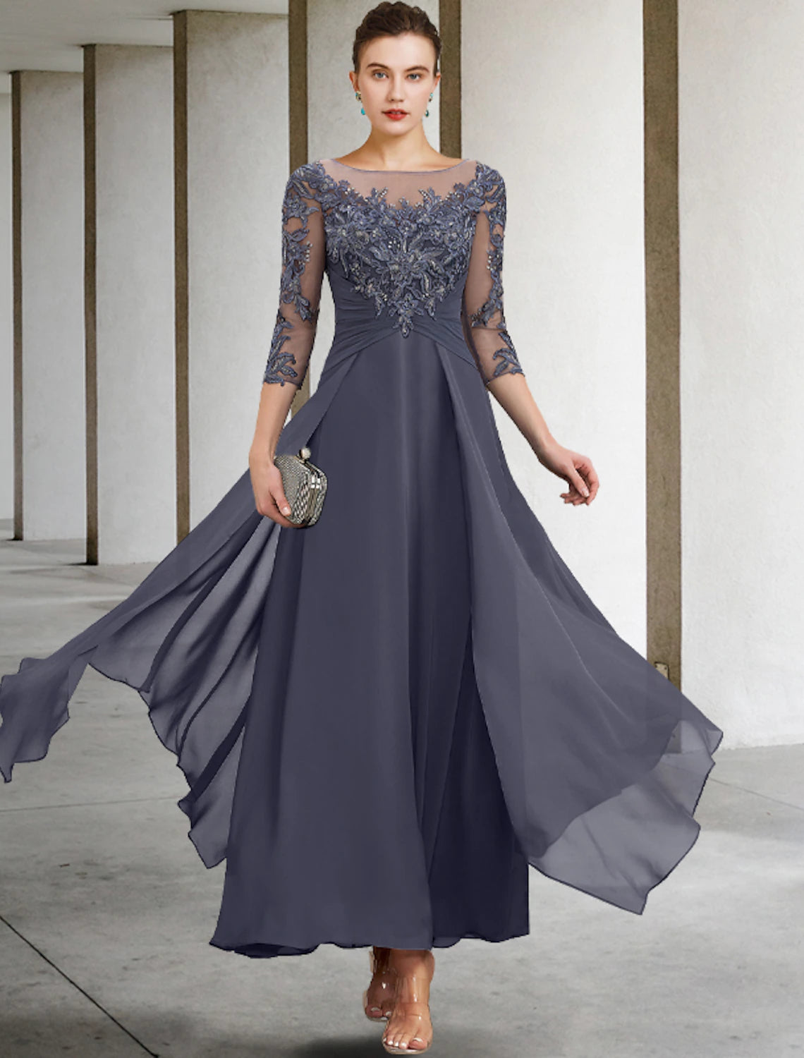A-shaped Bride Mom Dress Wedding Guests Elegant and Minimalist Jewelry Collar and Ankle Chiffon Lace 3/4 Long Sleeves with Folded Sequin Stickers