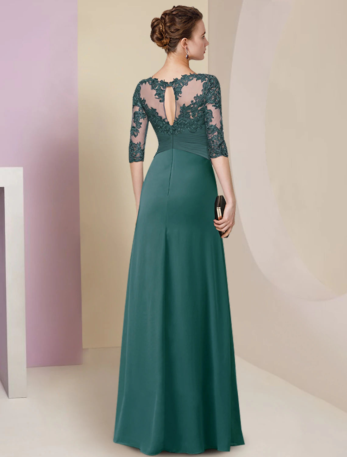 Set column bride mother dress elegant, simple and generous jewelry collar and floor length chiffon lace half sleeve pleated solid color