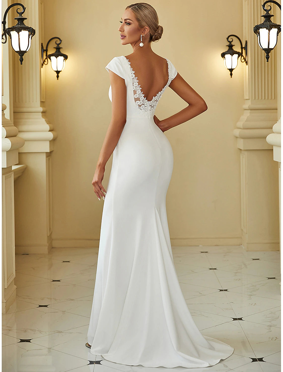 Minimalist Wedding Dress Fishtail/Small V-neck Cap Sleeves Sweeping Elastic Fabric Bridal Dress Hanging Solid Color