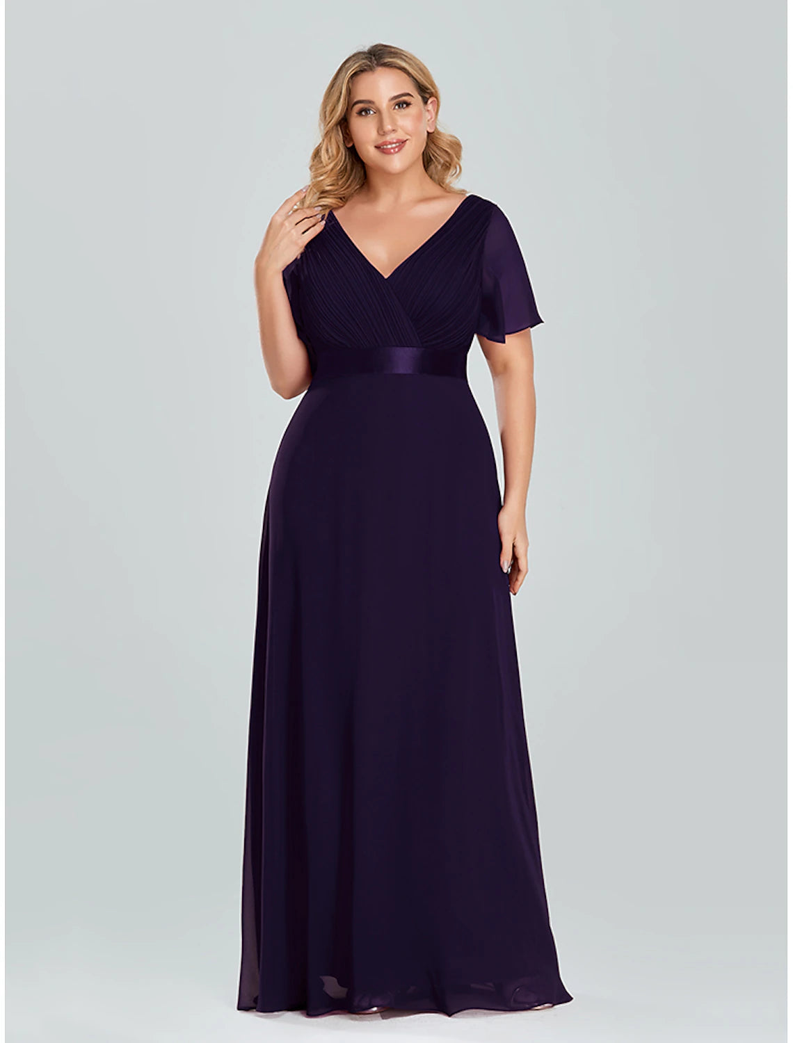 A-line Party Evening Dress Wedding Guest Long Short Sleeve V-Neck Bridesmaid Dress Chiffon V-Strap Ruffle Edge