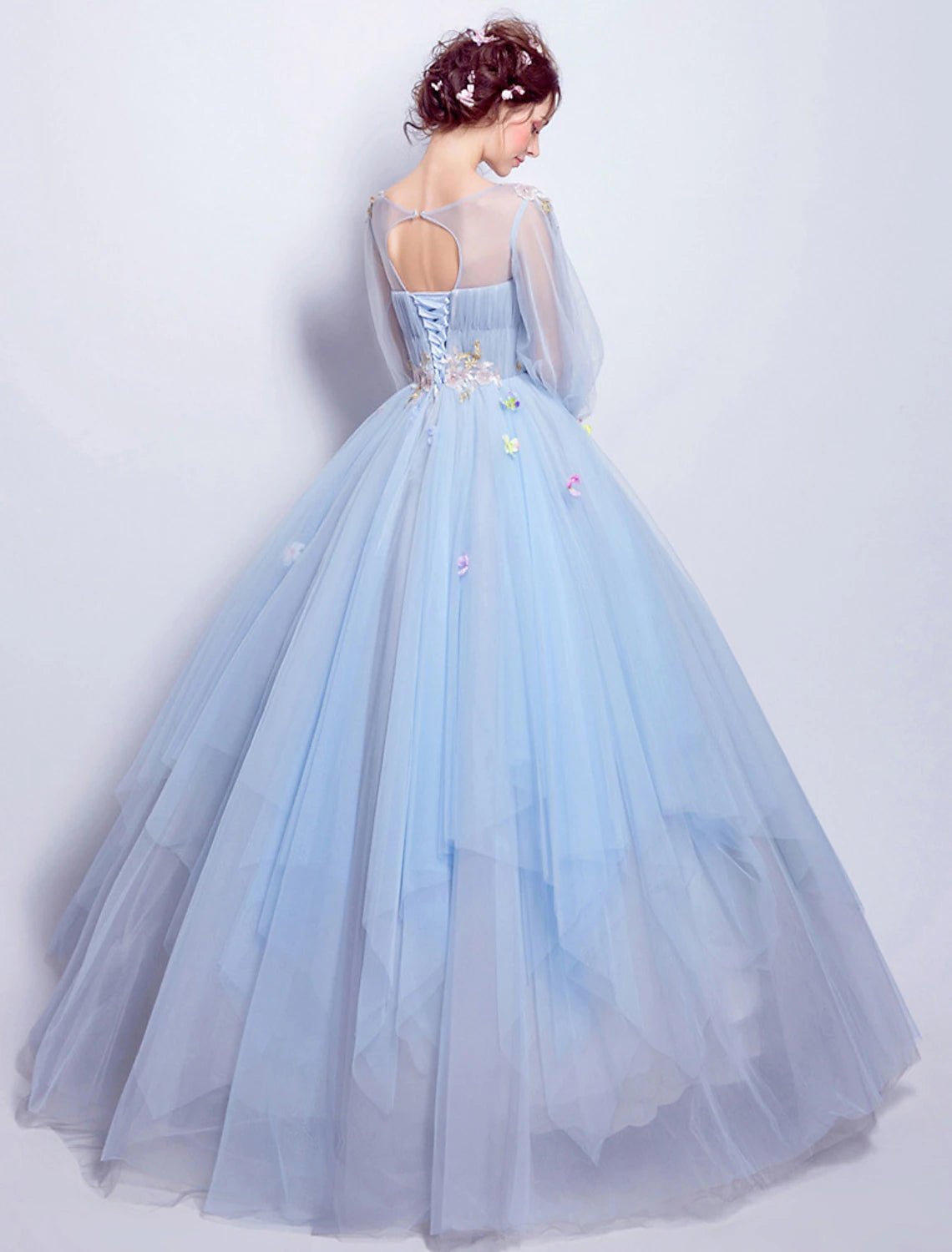 Elegant ball dress for adult engagement ground length 3/4 long sleeved Phantom neckline sheer with pleated stickers