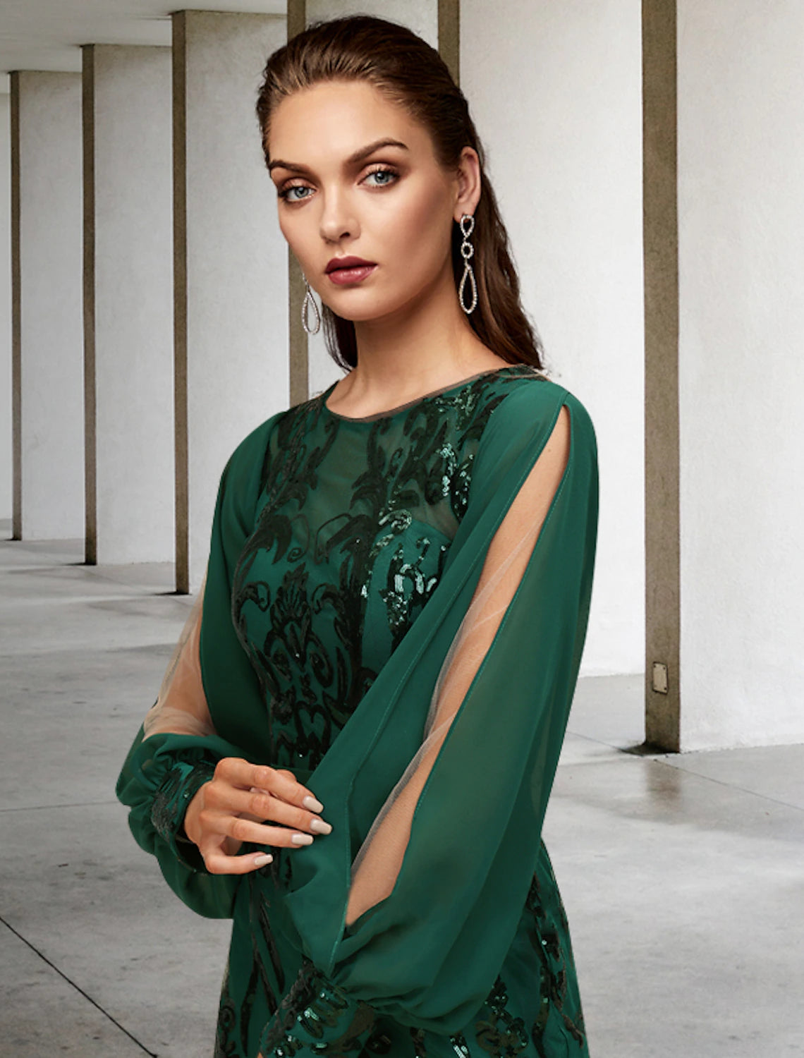 Mermaid Bride Mom Dress Wedding Guests Sparkling Jewelry Neckpiece/Brush Tail Chiffon Sequins Long Sleeves with Sequins