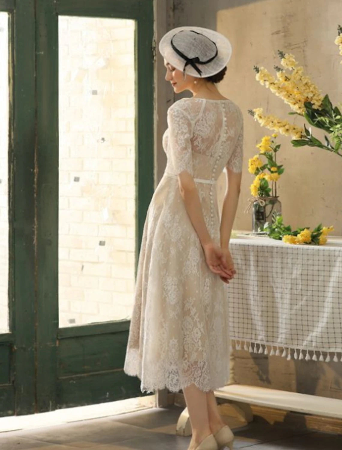 Minimalist Wedding Dress A-shaped Off Shoulder Cap Sleeves Tea Long Pleated Satin Bridal Dress Wedding Party