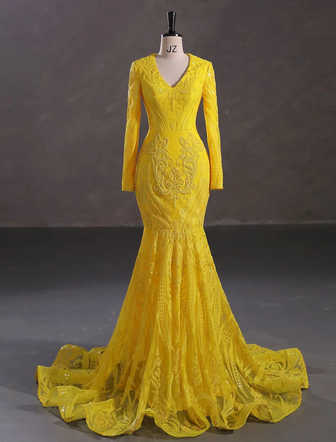 Mermaid Loudspeaker Elegant Evening Dress Carnival Long sleeved V-neck African American Lace with Sequins