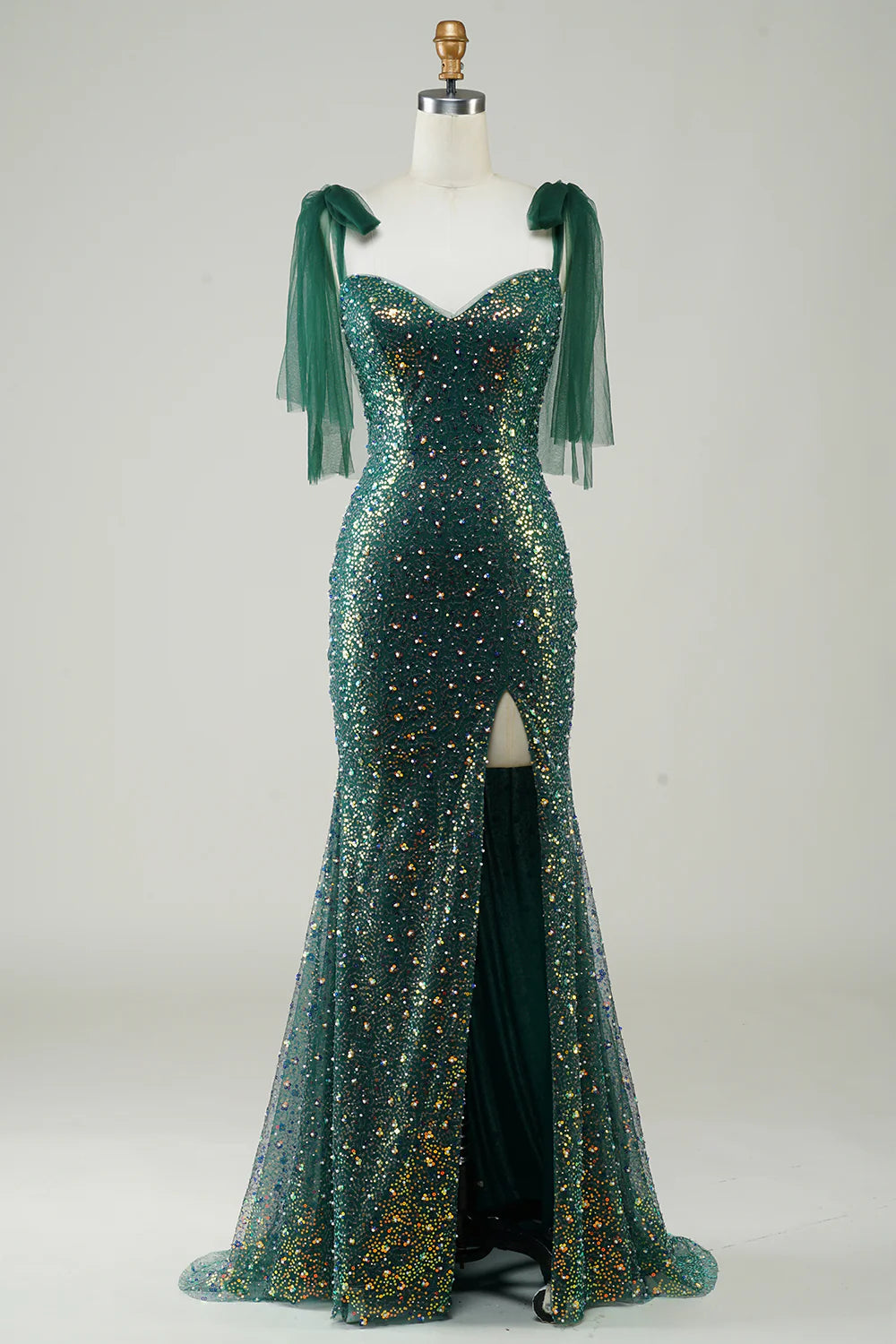 Sparkling dark green slim fit mermaid sequin long slit ball dress