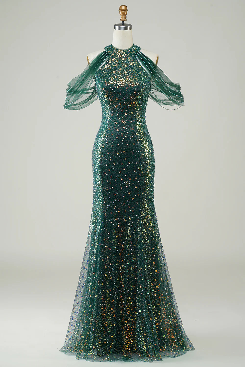 Sparkling, elegant, dark green sequined mermaid long dance dress