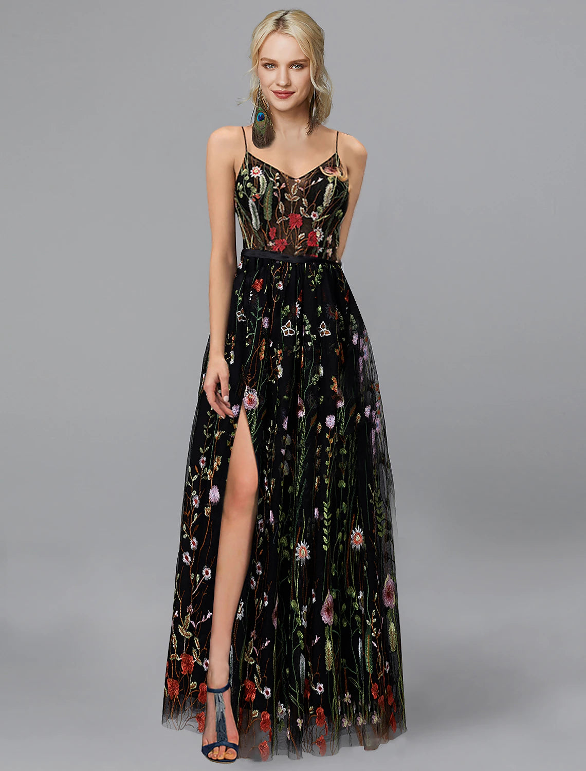 A-shaped ball dress wedding guests dinner and floor length sleeveless thin shoulder strap chiffon slit stickers