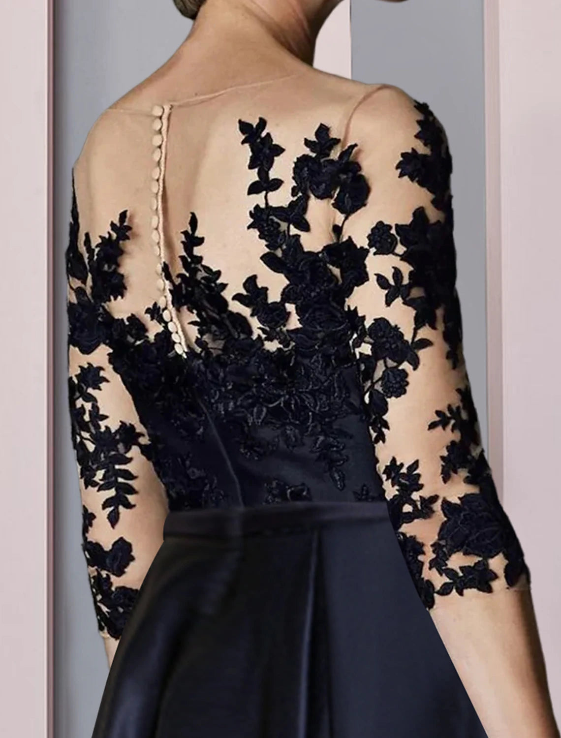 A-shaped Bride Mom Formal Dress Wedding Elegant High Low Spoon Neck Asymmetric Tea Length Satin Lace 3/4 Long Sleeves with Folded Stickers