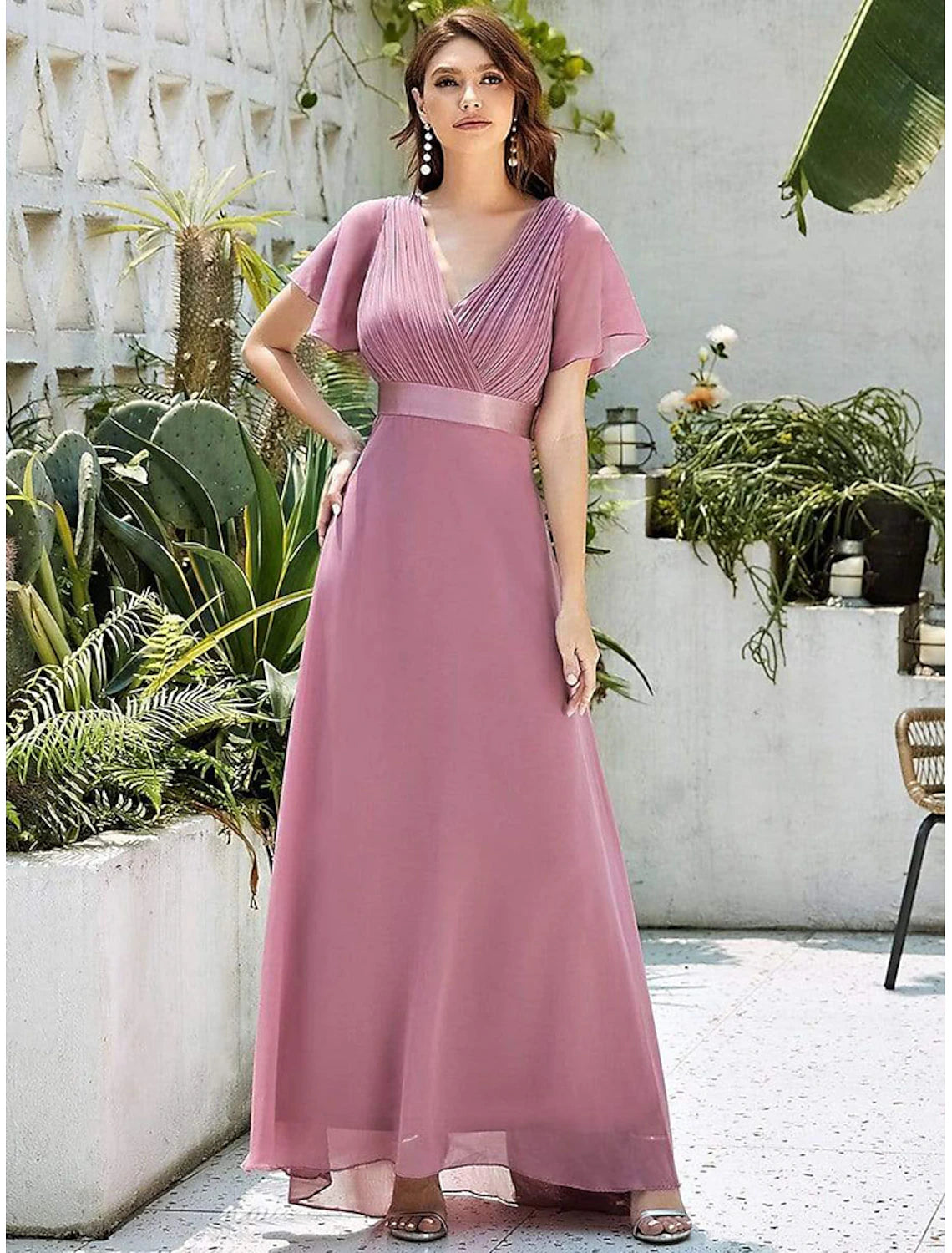A-line Party Evening Dress Wedding Guest Long Short Sleeve V-Neck Bridesmaid Dress Chiffon V-Strap Ruffle Edge